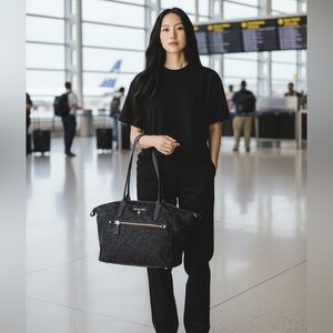 Michael Kors Kelsey Tote in black leopard print nylon material gold hardware